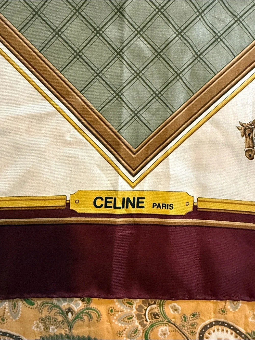 Celine Silk Scarf in Burgundy, Olive, White and Blue